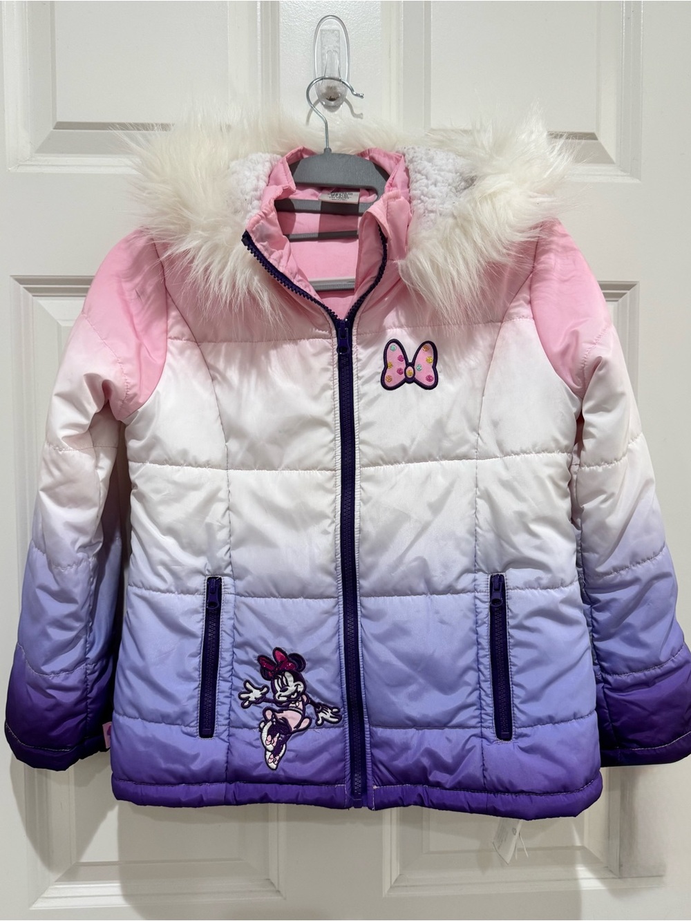 Disney Girl’s Minnie Mouse Pink Purple Ombre Faux-Fur Trim Puffer Jacket Sz 7/8